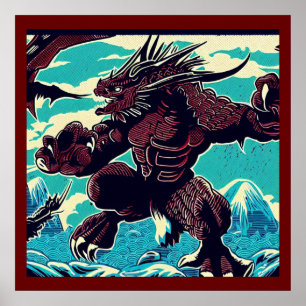 Poster Imaginaire Kaiju Anime - Woodcut 3