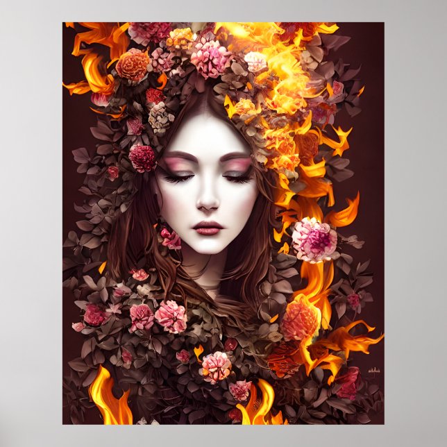 Poster Imaginaire magique beau visage fleurs feu (Devant)