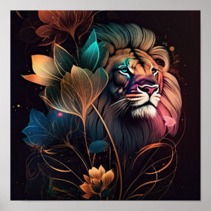 Poster Imaginaire, magnifique lion avec fleurs art IA