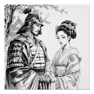 Poster Imaginaire mignon Samurai Geisha crayon