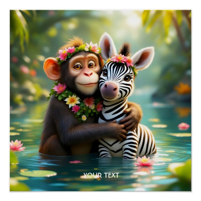 Poster Imaginaire mignon singe Zebra Hug (Devant)