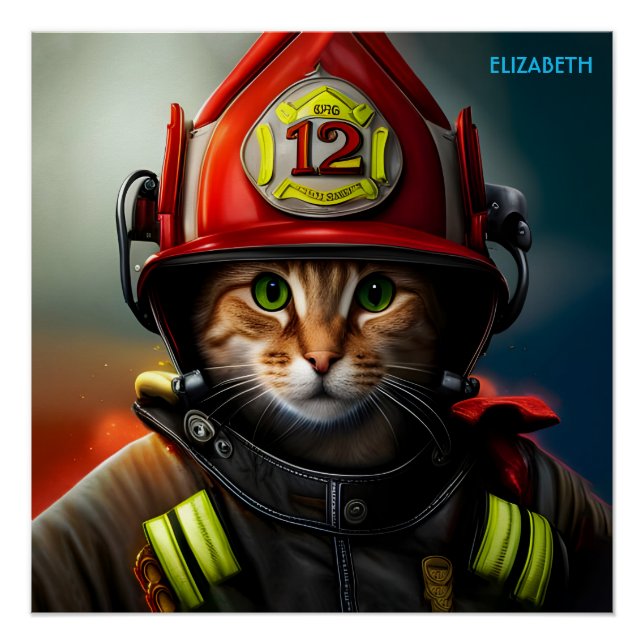 Poster Imaginaire Mignonne Chat Firefighter costume. (Devant)