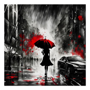 Poster Imaginaire mignonne fille pluie parapluie