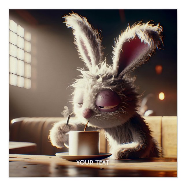 Poster Imaginaire Mignonne Lapin Boire Café (Devant)