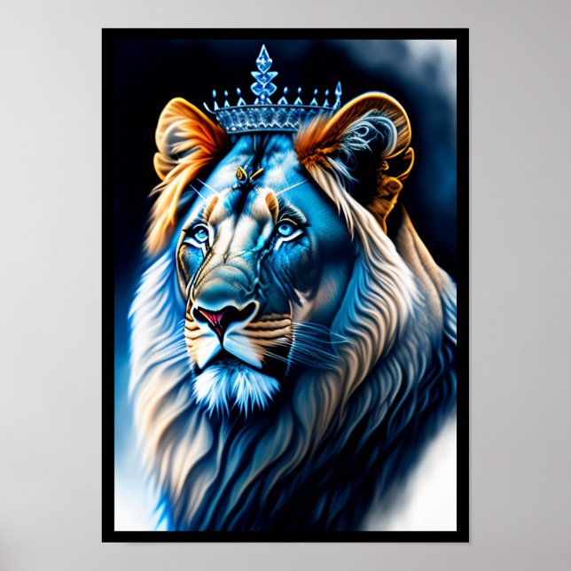 Poster Imaginaire Mur Art "Lion Bleu avec Couronne" (Devant)