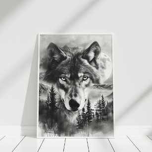 Poster Imaginaire noir et blanc Lune de montagne Wolf