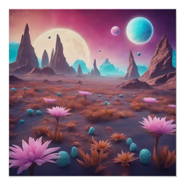 Poster Imaginaire Planète Alien Paysage avec fleurs (Devant)