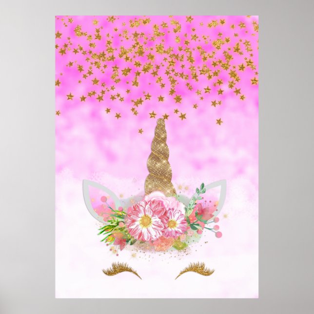 Poster Imaginaire rose et étoiles d'or licorne (Devant)