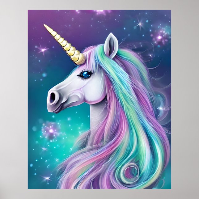 Poster Imaginaire Unicorne avec cheveux bleu et rose (Devant)