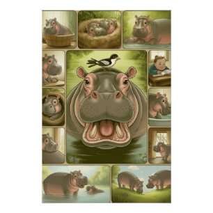Poster Impression d'art d'Hippopotame joueur & Oiseau – 1