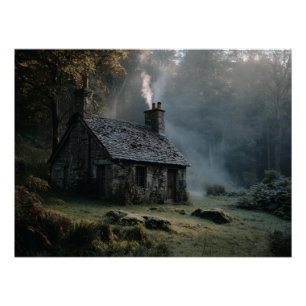 Poster Impression de cabane en pierre dans une forêt brum