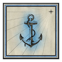 Impression marine Ancre noire avec cadre bleu