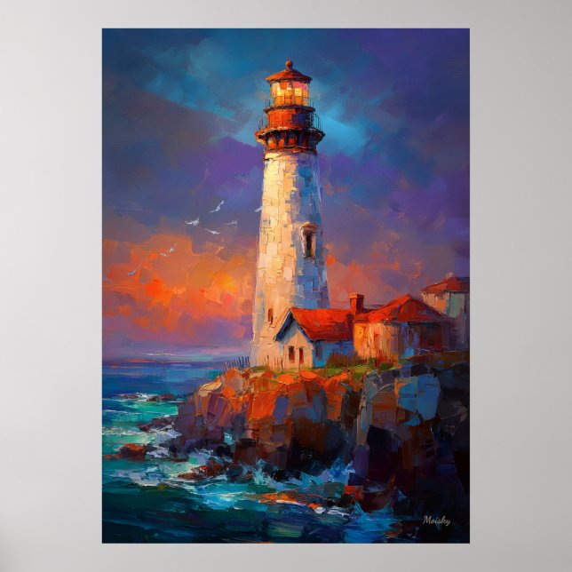 Poster Impressionist Coastal Lighthouse Seascape Painting (Devant)