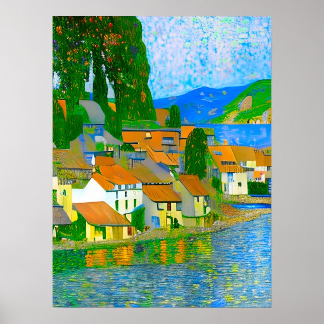 Poster Impressionist  Mediterranean Village by the Sea  (Devant)