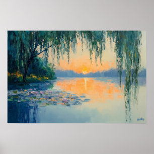Poster Impressionnisme Coucher de Soleil sur Lac Tranquil