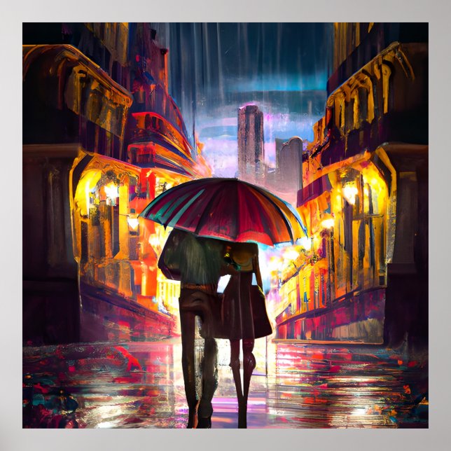 Poster Impressionnisme France un couple marchant sous la  (Devant)