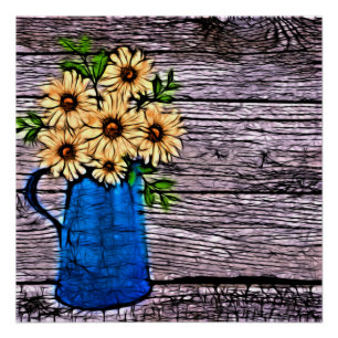 Poster Impressionnisme rustique vase bleu marguerite d'ét