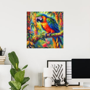 Poster Impressionniste perroquet tropical Oiseau bleu ver