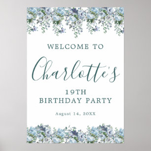Poster Imprimable 19e anniversaire Blue Floral Bienvenue