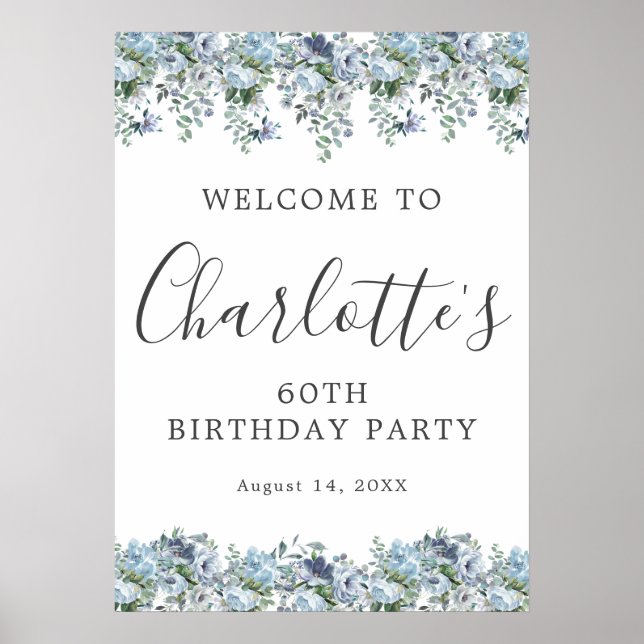 Poster Imprimable 60e anniversaire Blue Floral Bienvenue (Devant)