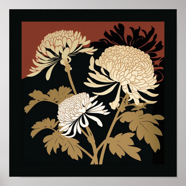 Poster imprimé chrysanthème japonais | noir & marron (Devant)