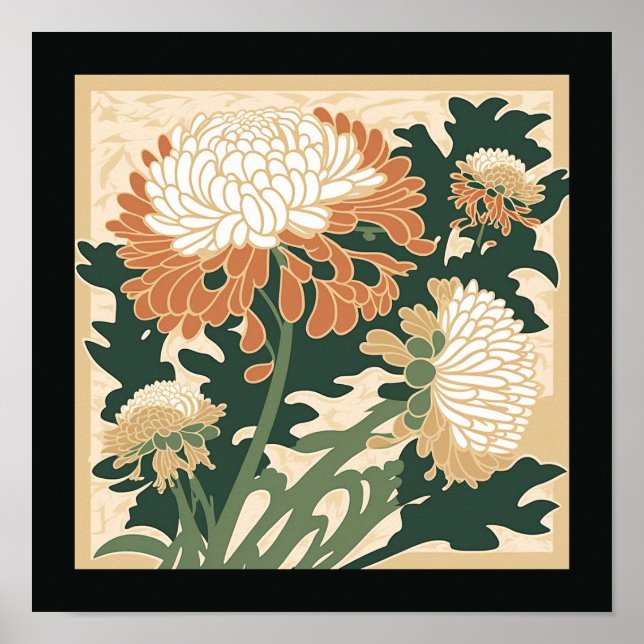 Poster imprimé chrysanthème japonais | vert et orange (Devant)