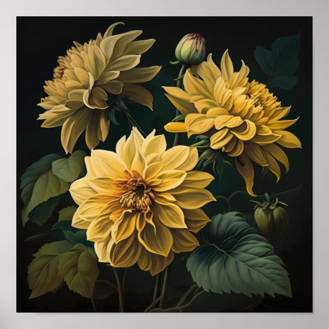 Poster imprimé Dahlias Jaune (Devant)