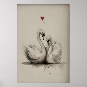 Poster Imprimé de la Saint-Valentin Cygnes Amour, Cœur