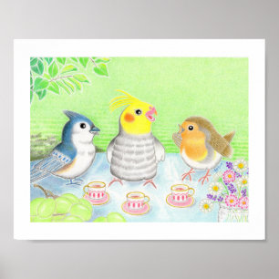 Poster Imprimé de pépinière pour théière de jolis oiseaux