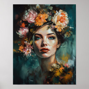 Poster imprimé d'une femme avec une tête de fleurs