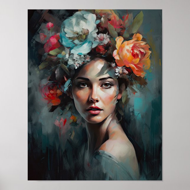 Poster imprimé d'une femme avec une tête de fleurs (Devant)