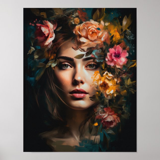 Poster imprimé d'une femme avec une tête de fleurs (Devant)