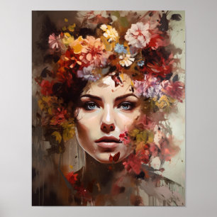 Poster imprimé d'une femme avec une tête de fleurs