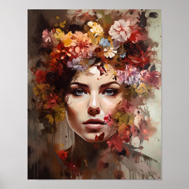 Poster imprimé d'une femme avec une tête de fleurs (Devant)