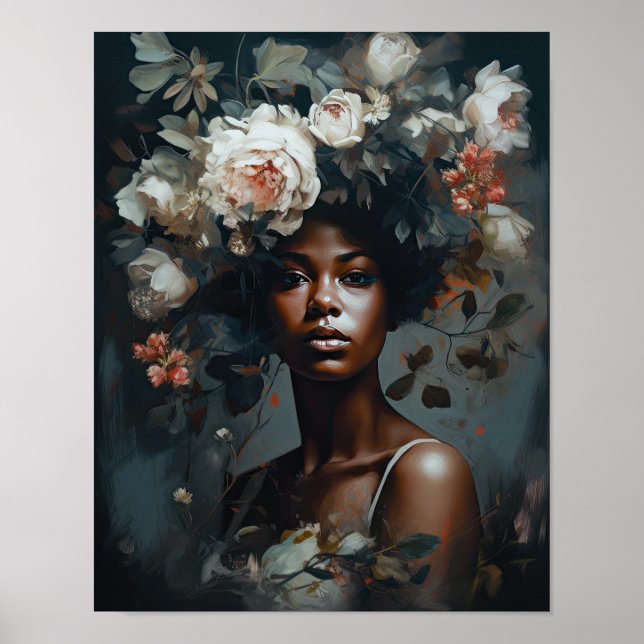 Poster imprimé d'une femme avec une tête de fleurs (Devant)