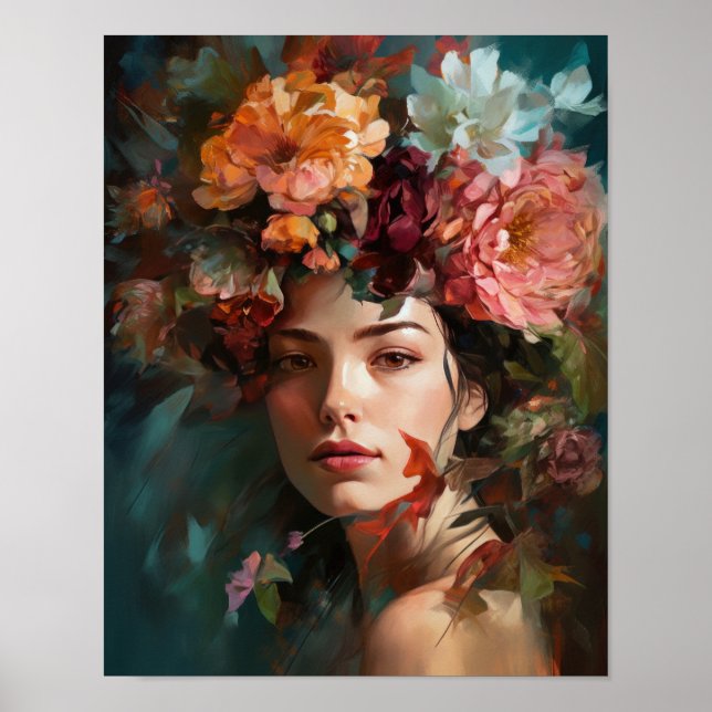 Poster imprimé d'une femme avec une tête de fleurs (Devant)