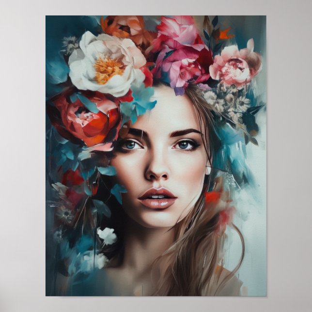 Poster imprimé d'une femme avec une tête de fleurs (Devant)