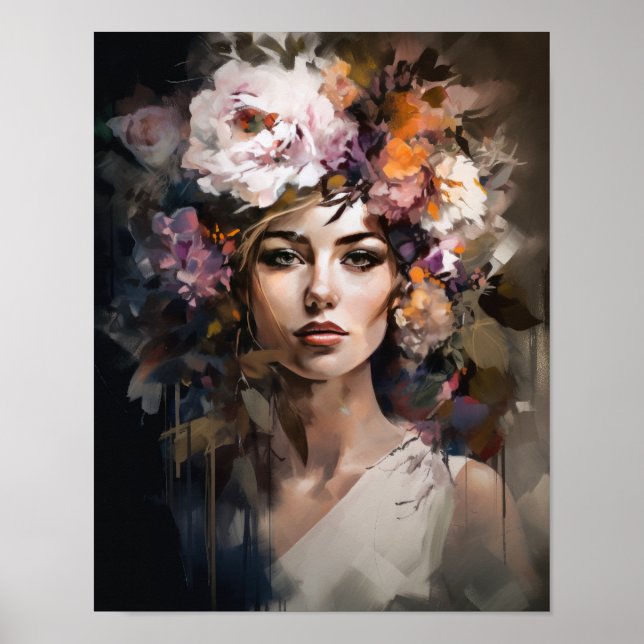 Poster imprimé d'une femme avec une tête de fleurs (Devant)