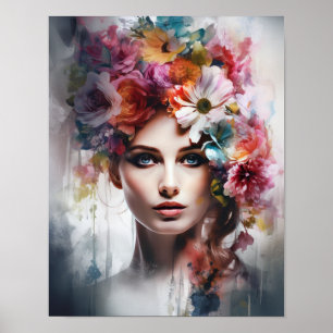 Poster imprimé d'une femme avec une tête de fleurs