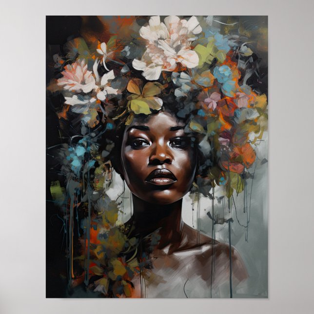 Poster imprimé d'une femme avec une tête de fleurs (Devant)
