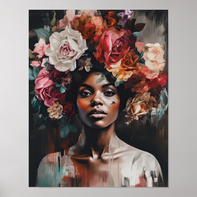 Poster imprimé d'une femme avec une tête de fleurs (Devant)