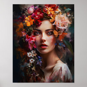 Poster imprimé d'une femme avec une tête de fleurs