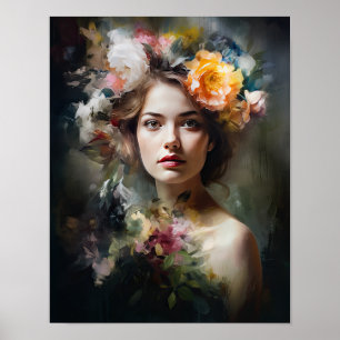 Poster imprimé d'une femme avec une tête de fleurs