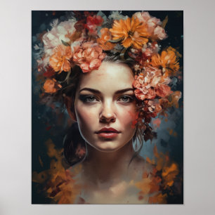 Poster imprimé d'une femme avec une tête de fleurs