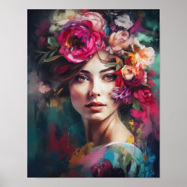 Poster imprimé d'une femme avec une tête de fleurs (Devant)