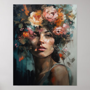 Poster imprimé d'une femme avec une tête de fleurs