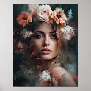 Poster imprimé d'une femme avec une tête de fleurs