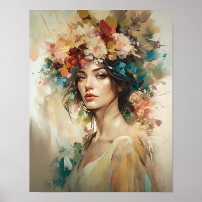 Poster imprimé d'une femme avec une tête de fleurs (Devant)
