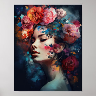 Poster imprimé d'une femme avec une tête de fleurs