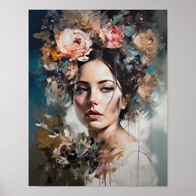 Poster imprimé d'une femme avec une tête de fleurs (Devant)